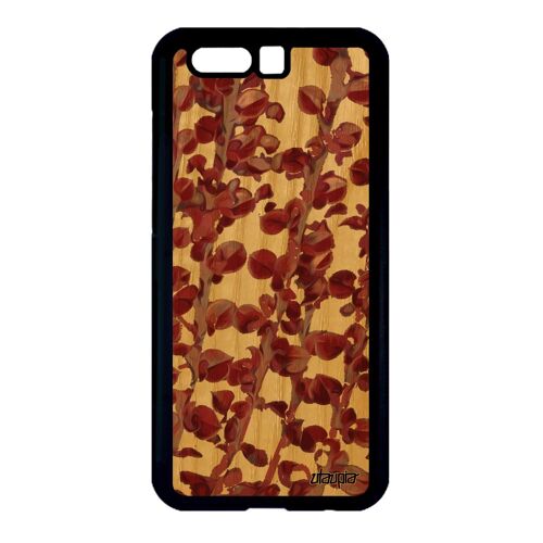 Coque bois de protection Honor 9 silicone motif feuilles cover rouge nature design caoutchouc 4G fleurs jolie plantes floral effet