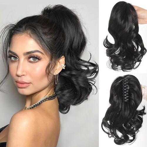 Kalanka-25cm Perruque Femme Naturelle Postiche Queue De Cheval Avec Pince Extension Claw On Ponytail Cheveux Naturel Micro Ondulé Hair Extensions Naturel(Noir) 