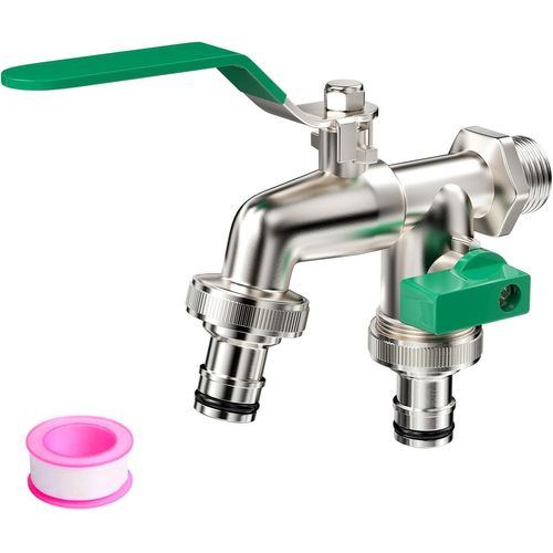 Robinet Exterieur 1/2"",Robinet Cuve Avec Double Sortie 3/4"",Robinet Jardin,Robinet D'arrosage à Sphère,Robinet D'eau en Laiton de Qualité,pour Jardin,Machine à Laver,Baril de Pluie