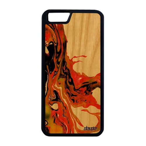 Coque bois veritable iPhone 6 6S Plus silicone peinture moderne authentique portable frêne effet matiere marbre orange motif