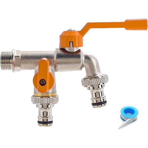 KALANKA-Robinet de jardin double en laiton 1/2"" - Double sortie - Antirouille et antigel - Robinet à double sortie avec 2 raccords de tuyau pour jardin, machine à laver, machine à laver, baril de plu