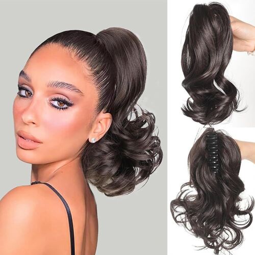Kalanka-25cm Perruque Femme Naturelle Postiche Queue De Cheval Avec Pince Extension Claw On Ponytail Cheveux Naturel Micro Ondulé Hair Extensions Naturel(Marron Noir) 