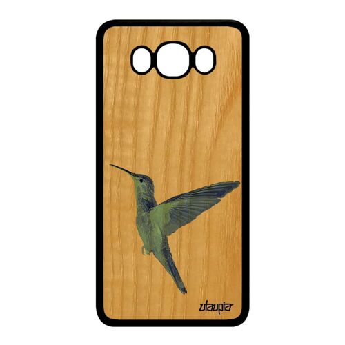 Coque Galaxy J7 2016 Bois Silicone Colibri Etui Ecologie Oiseau Animaux Design Noir Motif Animal Dessin Bleu Peinture Nature Samsung