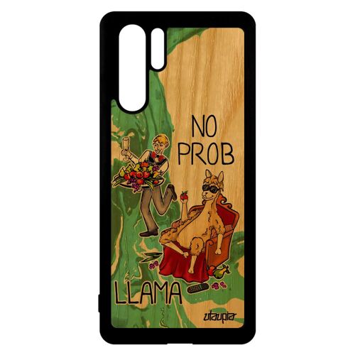 Coque en bois Huawei P30 Pro silicone no prob lama cartoon problama humour case vert smartphone motif drole TPU texte etui comique