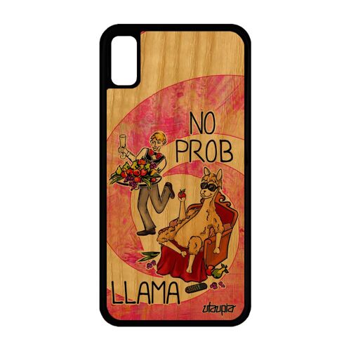 Coque silicone pour iPhone XR en bois veritable no prob lama cartoon animal rose probllama portable personnalisé humoristique