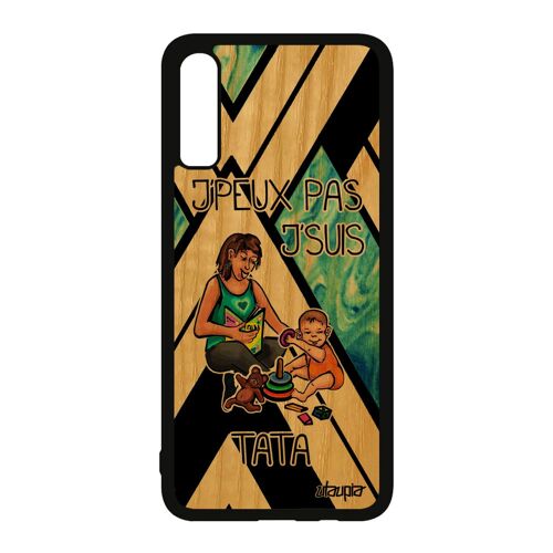 Coque silicone pour Samsung Galaxy A70 bois humour j'peux pas j'suis tata texte bleu drole de protection bd je naissance fille tante