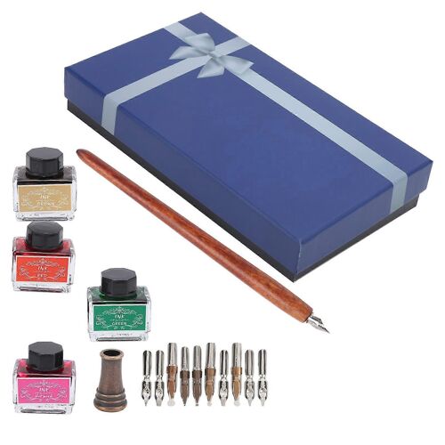 Dip Pen Stylo Plume Poteau En Bois 4 Couleurs Avec Kit De Plume Remplaçable Kit D'écriture De Calligraphiesp098045 (Effet De Feu) Barre De Stylo Marron Foncé