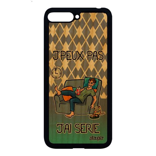 Coque pour Huawei Y6 2018 en bois silicone j'peux pas j'ai série je drole antichoc humour tele texte de protection manga bleu bumper
