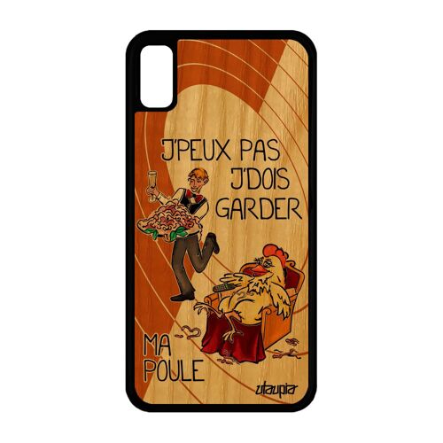 Coque iPhone XR bois naturel silicone je peux pas j'dois garder ma poule humoristique orange animaux maman drole 4G jpeux etui