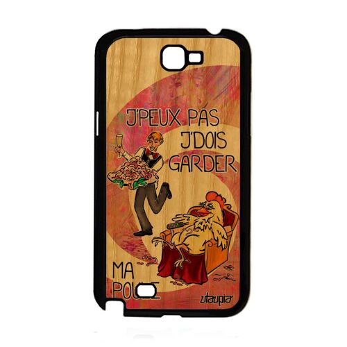 Coque bois j'peux pas j'dois garder ma poule Samsung Note 2 silicone texte coq animaux rose bande dessinée smartphone drole galaxy