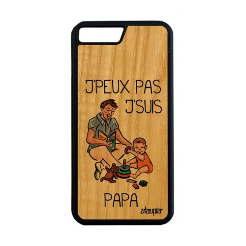 Coque silicone iPhone 8 Plus en bois humour j'peux pas j'suis papa rigide orange telephone texte etui enfant housse comique de