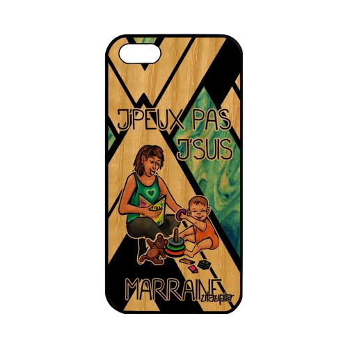 Coque bois silicone j'peux pas j'suis marraine iPhone 5 5S SE portable comique jpeux bleu texte cadeau de noel housse humour Apple