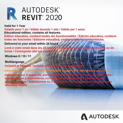 Autodesk Revit 2020 1 Year Licence | Livraison Numérique Sous 24h | Guide De Téléchargement Du Logiciel Inclus | Version Française (Autres Langues Disponibles) | Assistance À L'installation Fournie.