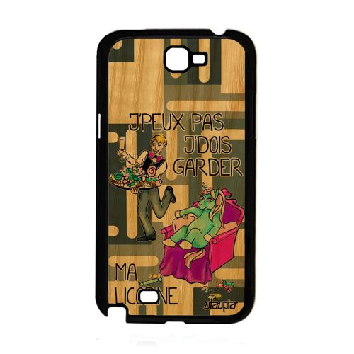 Coque Note 2 bois silicone j'peux pas j'dois garder ma licorne drole telephone rigide cartoon gris housse poney texte Samsung galaxy