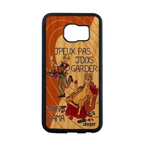 Coque en bois j'peux pas j'dois garder mon lama Samsung S6 Edge et silicone humour drole animaux texte orange je humoristique galaxy