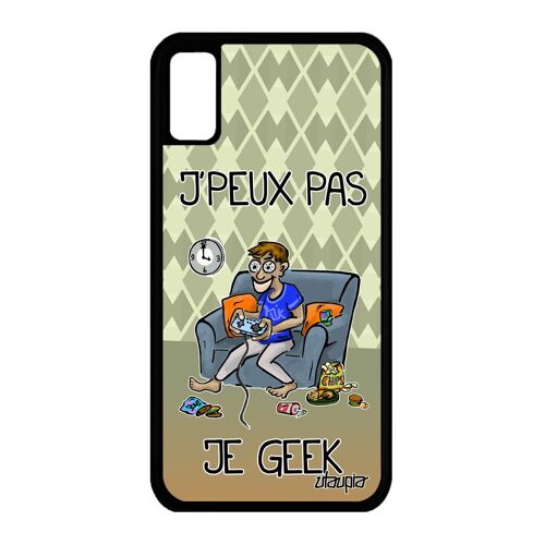 Coque pour iPhone XS silicone j'peux pas je geek texte jpeux console gamer play comique original bd souple noir jeux video je