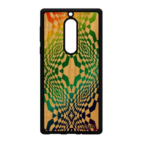 Coque Nokia 5 en bois naturel veritable silicone illusion d'optique magique losage graphique unique TPU vert arc en ciel TA-1053 de