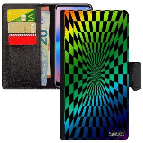 Coque Pour Iphone 15 Simili Cuir Portefeuille Illusion D'optique Vert Carre De Protection Arc En Ciel Mirage Rigide Art Visuel