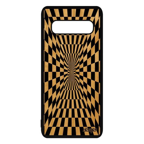 Coque en bois Galaxy S10 Plus silicone illusion d'optique mirage de protection noir bumper caoutchouc noir et blanc carreaux Samsung