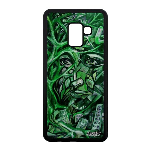Coque Portrait Street Art A8 2018 Silicone Abstrait Femme Personnalisé Vert Arbre Noir Original Peinture Huile Visage Samsung Galaxy