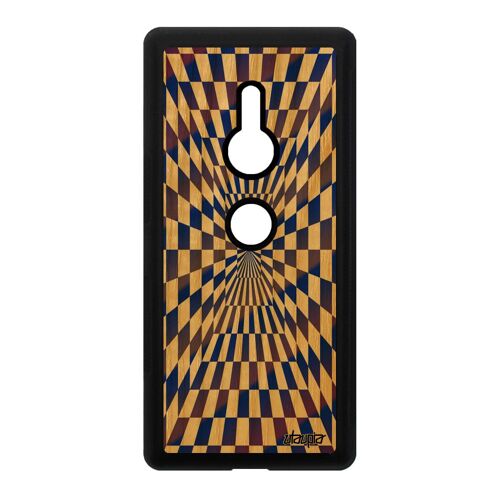 Coque illusion d'optique pour Xperia XZ2 bois silicone de protection smartphone geometrique art visuel carre magie bleu solide Sony