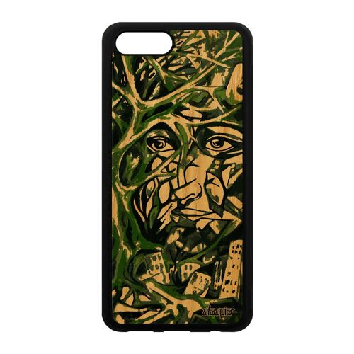 Coque Honor View 10/V10 en bois silicone portrait street art visage abstrait cadeau case arbre telephone peinture huile vert femme