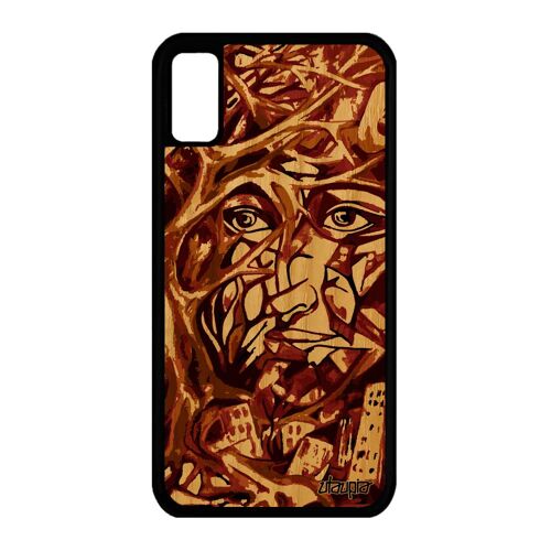 Coque silicone iPhone X en bois naturel portrait street art 4G housse abstrait femme arbre noir marron jolie immeubles visage