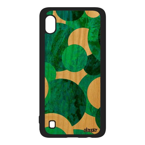 Coque silicone Samsung A10 en bois peinture abstrait fait main design vert motif ronds etui geometrique fond artistique effet galaxy