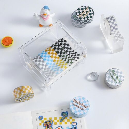 Farfi 1 Roll Washi Tape Adhésif Adhésif Transparent Imprimer Amovible Résistant À La Décoloration Scrapbooking Washi Checkerboard Pattern Paper Tape Pour Enfants