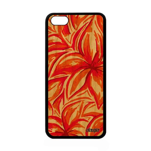 Coque Bois Pour Apple Iphone 5c Silicone Fleurs Motif Peinture Nature Effet Floral Fond Rouge Feuille 4g Jolie Antichoc Case De