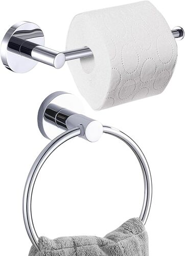 KALANKA-Fixation murale : 1 anneau porte-serviette, 1 support de rouleau de papier toilette, support de papier toilette chromé et anneau porte-serviette 2 accessoires de salle de bain en acier