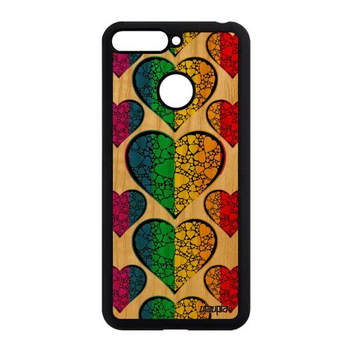Coque bois Honor 7A et silicone drapeau gay pride lesbien parade coeur telephone marche des fiertés arc en ciel Huawei de protection