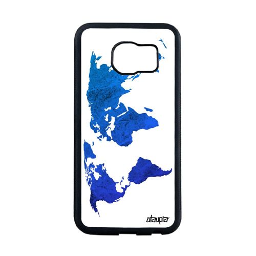Coque pour Samsung Galaxy S6 Edge silicone Carte monde design terre atlas globe smartphone original antichoc pays texture etui bleu