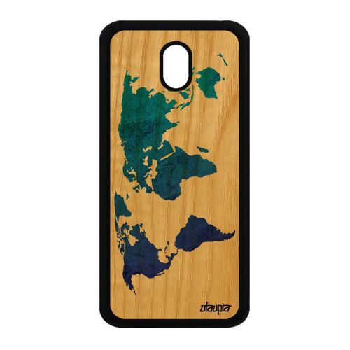 Coque Samsung Galaxy J3 2017 en bois silicone Carte monde atlas globe housse pays planete cadeau pas cher motif bleu terre 4G effet