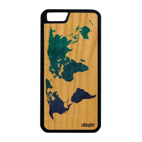 Coque Carte monde iPhone 6 6S Plus en bois silicone terre planete cadeau noir effet atlas telephone globe case pays dessin de
