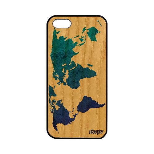 Coque bois Carte monde Apple iPhone 5 5S SE silicone effet cadeau motif globe pays bleu frêne terre housse atlas TPU geographie etui