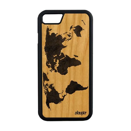 Coque Iphone 8 Bois Veritable Silicone Carte Monde Gris Texture Artisanal Original Terre Planete Globe Atlas Motif Etui Pays