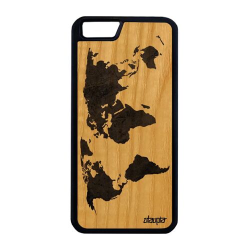 Coque iPhone 6 6S Plus bois silicone Carte monde motif 16 Go gris texture terre cover portable artisanal globe planete atlas