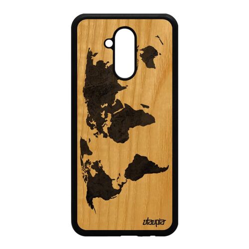 Coque pour Mate 20 lite en bois silicone Carte monde design de protection globe texture motif housse planete frêne atlas gris Huawei