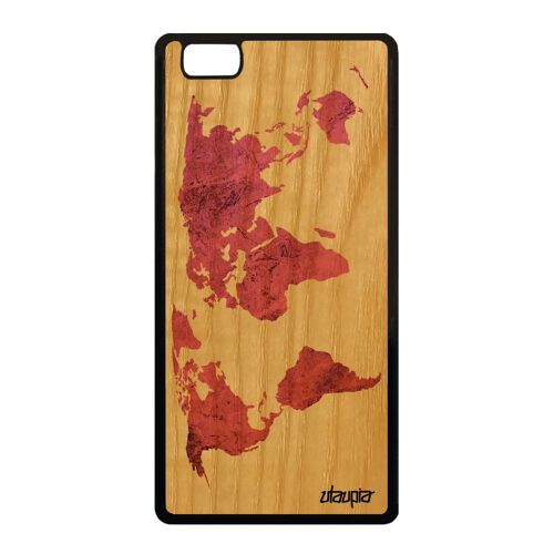 Coque silicone pour P8 Lite 2015 bois veritable Carte monde noir terre pays globe texture planete design portable artisanat Huawei