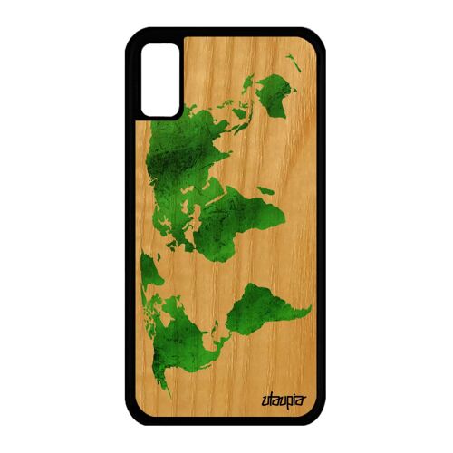 Coque bois iPhone XS silicone Carte monde globe effet pays geographie vert fait main dessin atlas terre case etui planete de