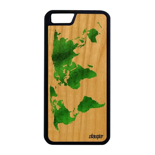 Coque Carte monde iPhone 6 6S Plus bois silicone fait main atlas pays globe planete geographie terre effet smartphone vert de