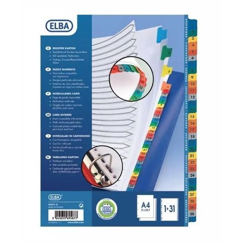 Elba Paquet De 31 Intercalaires Numériques A4 - Carte Colorée - Strongline
