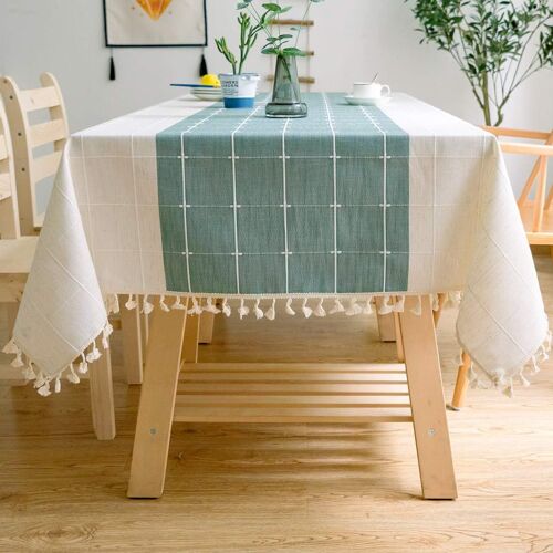 Ulteronixshop-Nappe De Table Rectangulaire En Coton Et Lin Solide Broderie À Carreaux Gland Coton Couverture De Table En Linge Pour Cuisine Salle À Manger Décoration De Table (140x220 Cm, Green/White