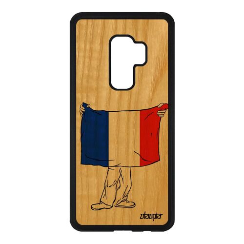 Coque bois drapeau france français Samsung S9 Plus silicone case football etui bleu blanc rouge foot coupe du monde Euro jo galaxy