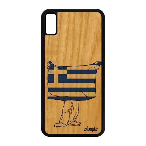 Coque en bois veritable iPhone XS Max silicone drapeau grece grec foot football noir smartphone coupe d'europe made in France