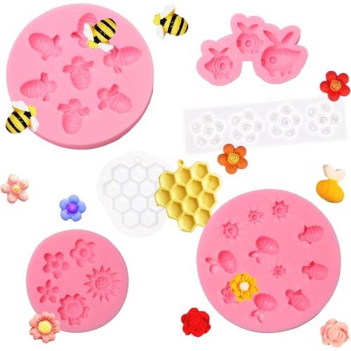 Kalanka-6 Pièces Moules En Silicone 3d Abeille Et Fleur Moules À Fondants Rayon De Miel Moule À Chocolat De Bourdon Mini Moules En Silicone Fleurs Pour Décoration De Gâteau,Cupcakes Cuisson Bonbons