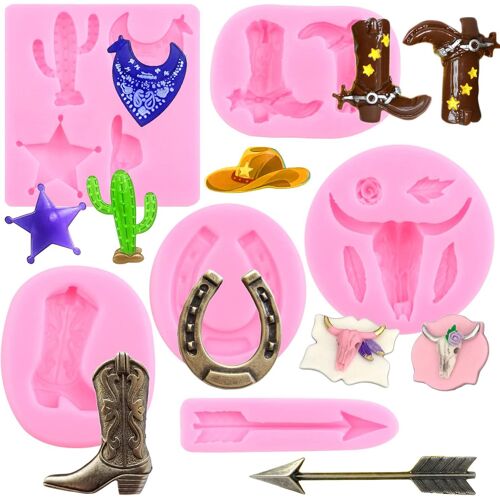 Kalanka-Lot De 6 Moules En Silicone En Forme De Tête De Taureau, Flèche, Bottes De Cowboy, Fer À Cheval, Sabot De Cheval, Chocolat, Cactus, Étoile En Forme De Chaussure Pour Décoration De Gâteaux,-Kalanka
