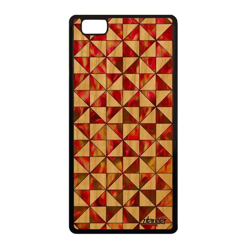 Coque bois P8 Lite 2015 silicone design carreau housse portable 4G geometrique jolie effet rouge motif carre cover telephone Huawei