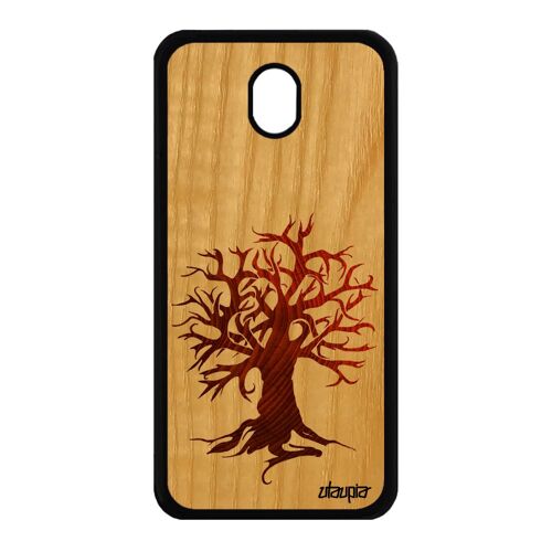 Coque Galaxy J7 2017 pro en bois et silicone peinture arbre zen motif foret de vie ecologie gel noir de protection naturel Samsung